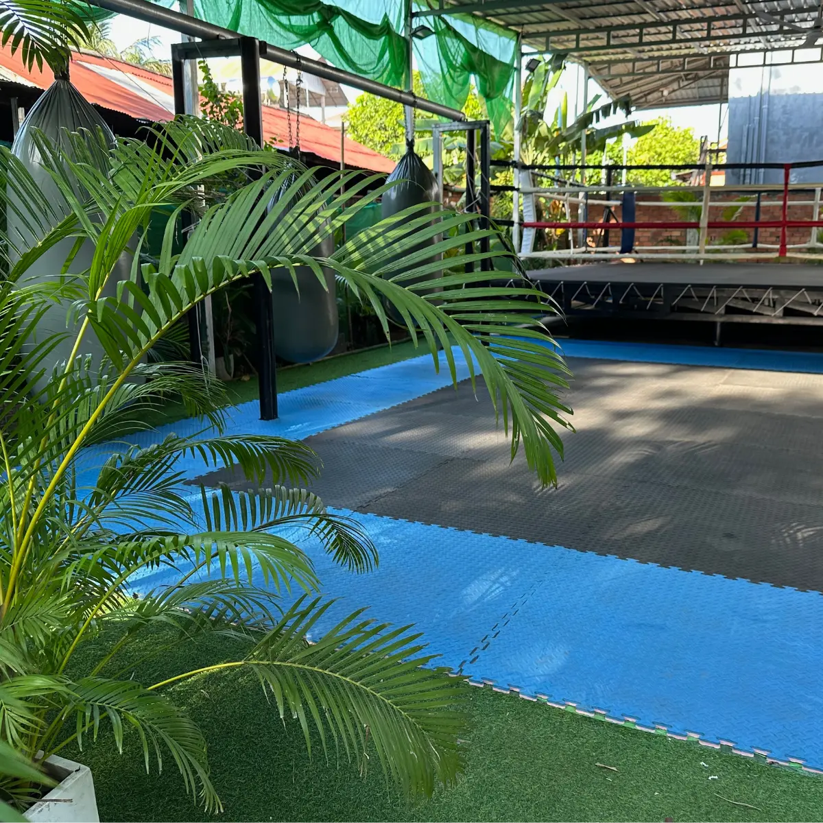 The open-air training area and boxing ring at The Temple Kun Khmer in Siem Reap.